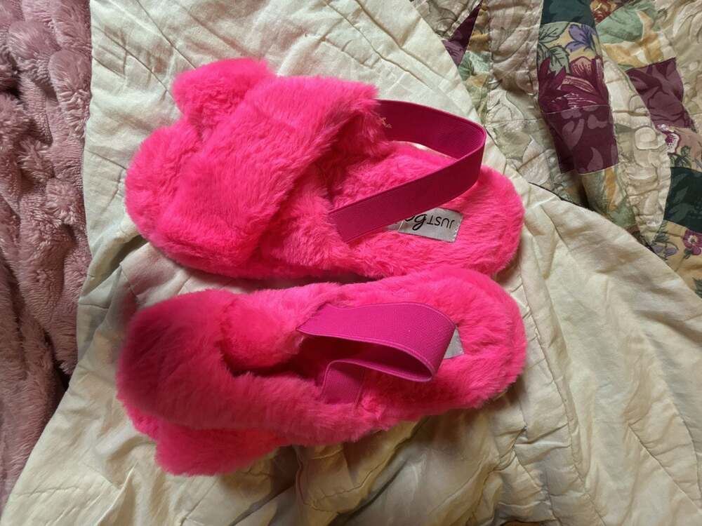 Just Be Hot Pink Faux Fur Cross Strap Slingback Slippers